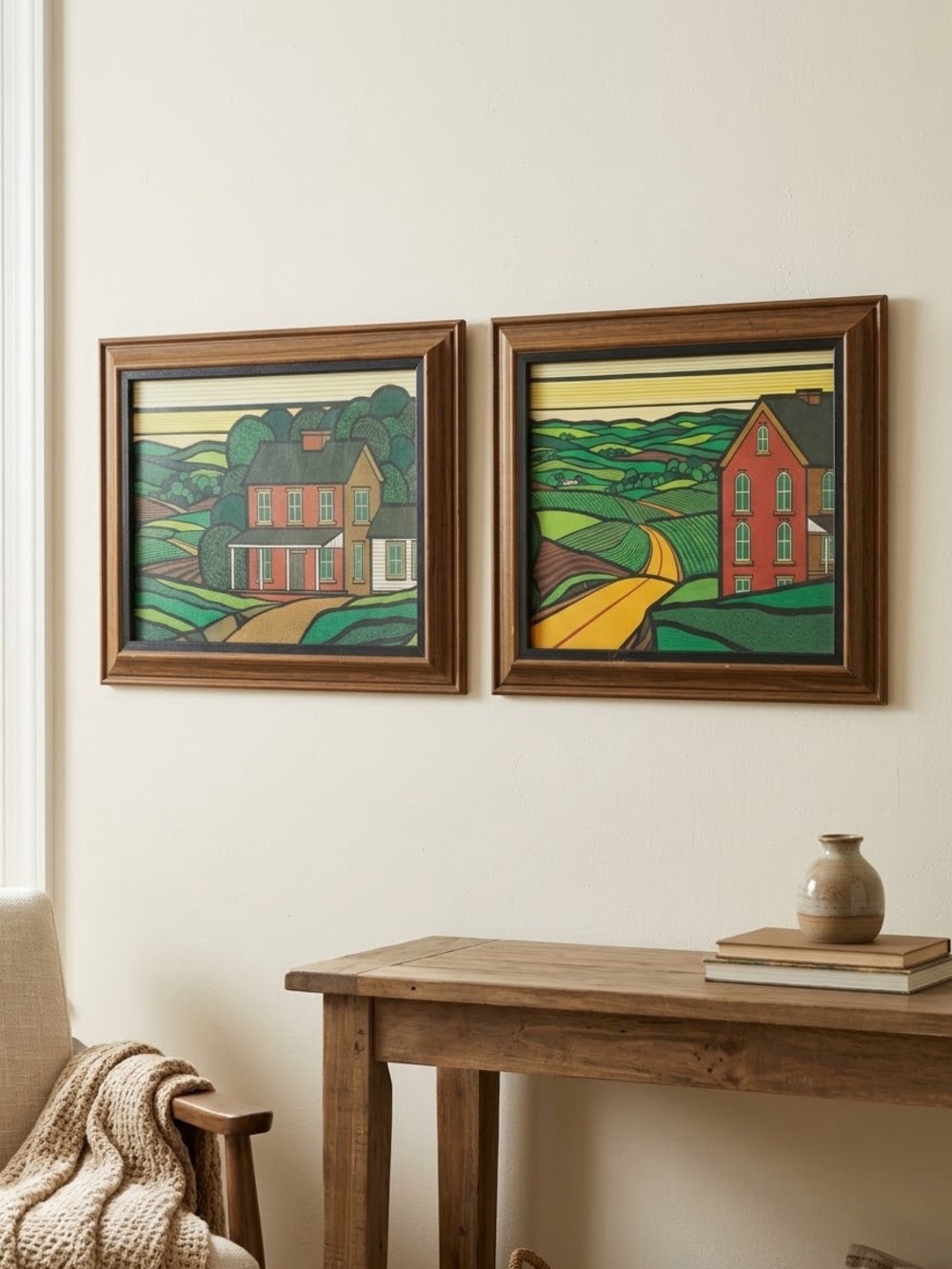 VTG 70s Folk Art Country Cottage Farmhouse Framed Prints-Set of 2